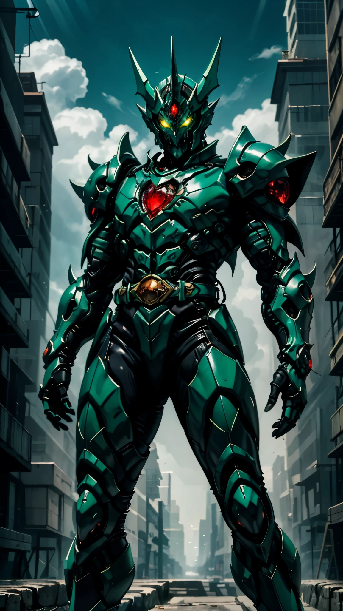 A man wearing a full-face helmet, a fantasy-style biotech armored combat suit, green eyes, (a composite layered chest armor), fully enclosed shoulder guards, matching arm and leg guards, the belt is adorned with fangs biting into gemstone, (the color scheme is primarily blue with black and red accents), the design balances heavy with agility, a high-tech bio-mecha armor, (Armor Concept Inspired by Vampire, the huge cape fluttering in the wind, stand on the top of a skyscraper in a futuristic sci-fi city), this character embodies a finely crafted fantasy-surreal style armored hero in anime style, exquisite and mature manga art style, (battle damage, element, blood, plasma, energy, the armor glows), ((male:1.5)), metallic, real texture material, dramatic, high definition, best quality, highres, ultra-detailed, ultra-fine painting, extremely delicate, professional, perfect body proportions, golden ratio, anatomically correct, symmetrical face, extremely detailed eyes and face, high quality eyes, creativity, RAW photo, UHD, 32k, Natural light, cinematic lighting, masterpiece-anatomy-perfect, masterpiece:1.5