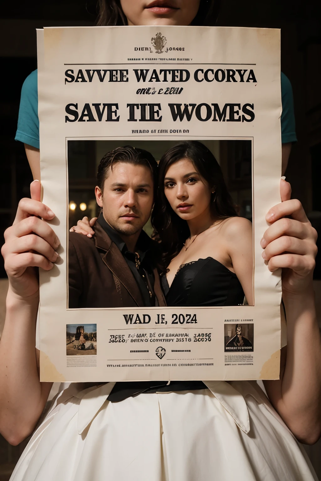 a wedding invitation in the shape of a Wild West wanted poster with the title of "Save the Date" para o dia 15/06/2024 with a country theme where there are women's boots, chapeu, ox cart wheel and a bow with the bride and groom's name Julianne and Felipe