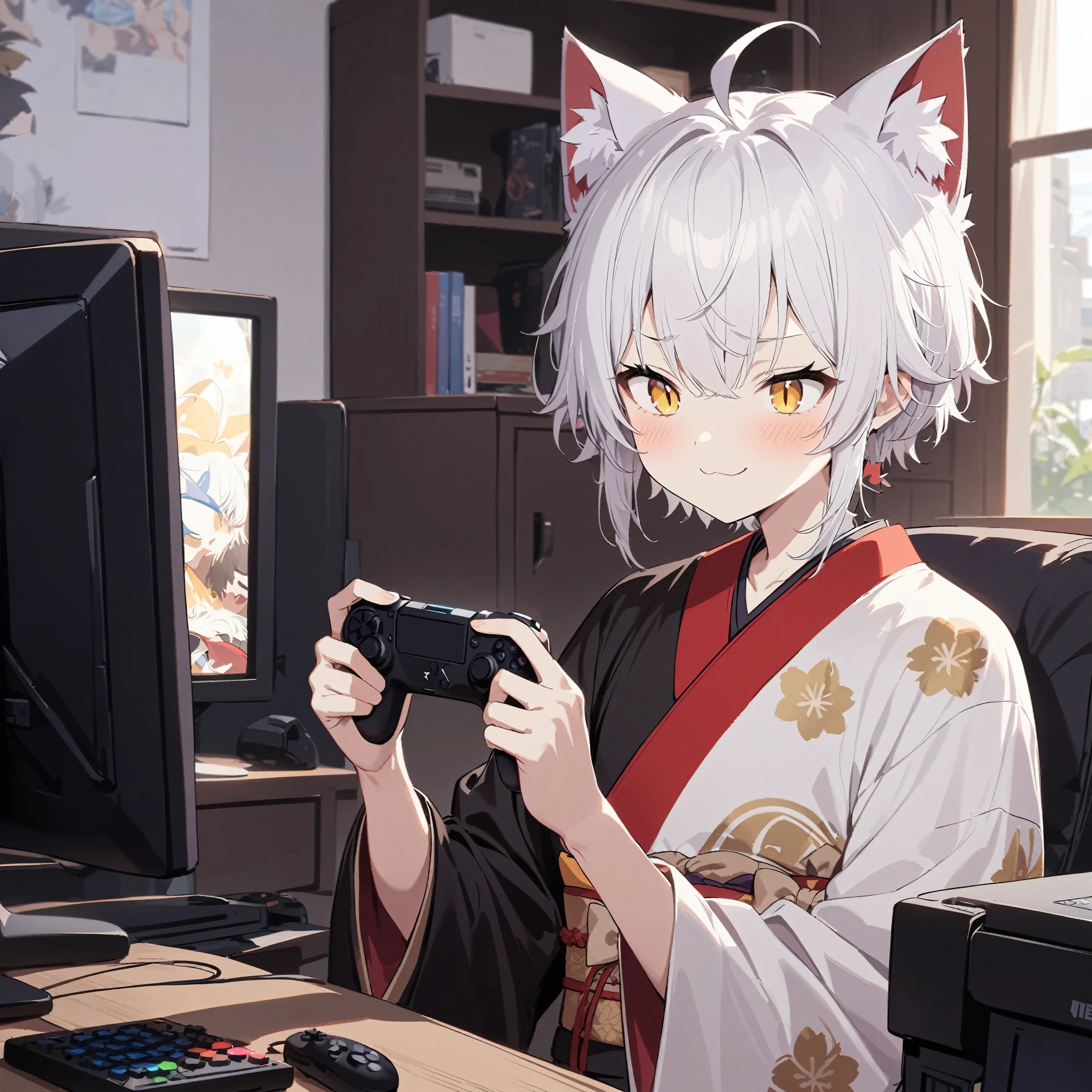 cat_boy,1boy,split color kimono,(animal ears),white hair, short hair with single long lock,split color kimono,[(white kimono:1)|(black kimono:1.2)|(red lapel:0.7)],ahoge,yellow eyes,slit pupils, dot nose,closed mouth,playing games, video game, indoors, room, growling, monitor, masterpiece, best quality, highres, nice hands, perfect hands,smile,wink,smile,blush,obi,red sash,beige bow