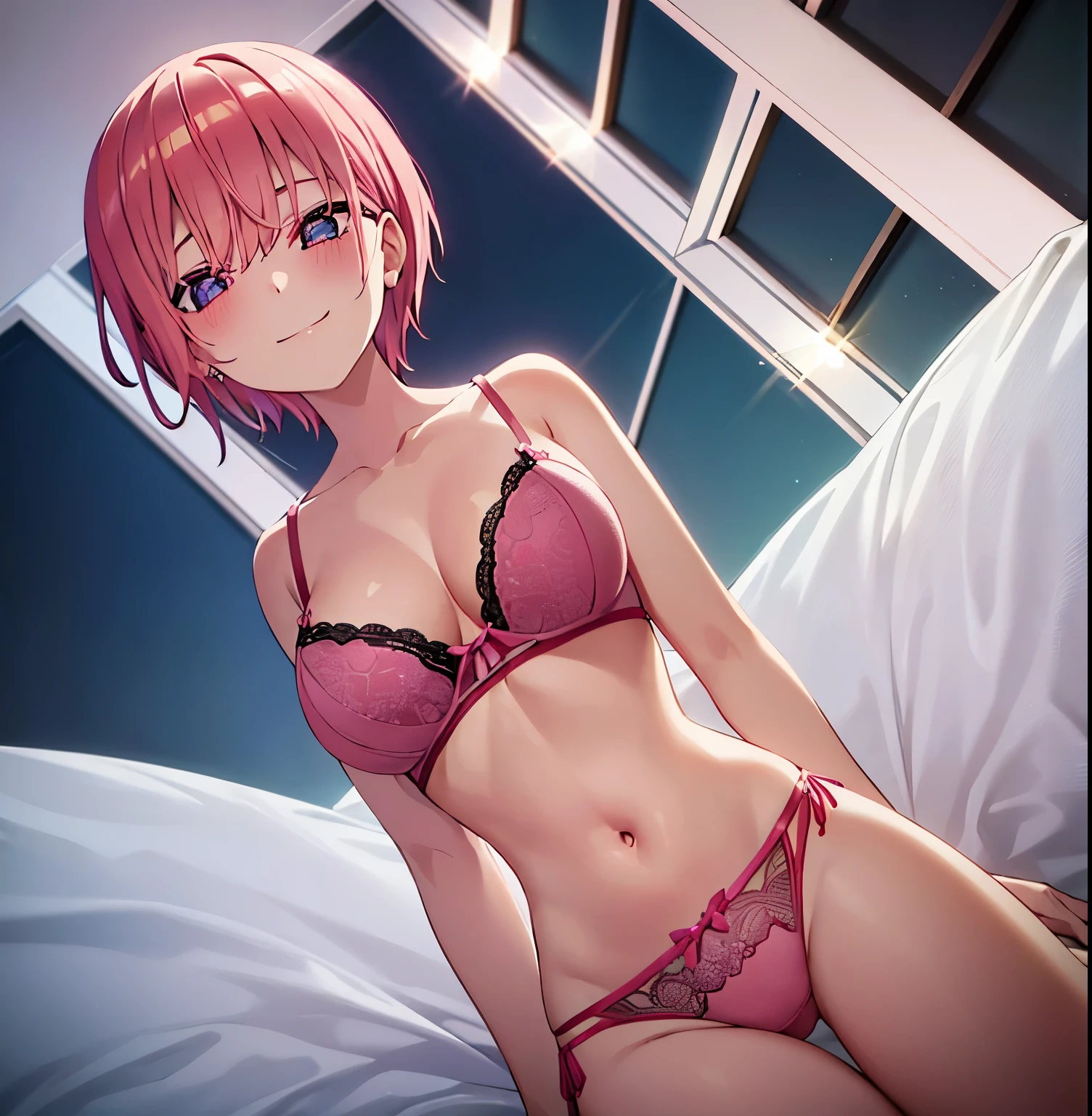 1girl, alone, ichika nakano, 2d, masterpiece, best quality, anime, very detailed, big breasts, medium waist, wide hips, round butt, cowboy shot, pink hair, short hair, (dark pink lingerie: 1.4), bra with black lace, thong with black lace, bedroom, room, sitting on bed, smile, looking at the viewer, from behind, pov (from below), perfect anatomy, perfect hands