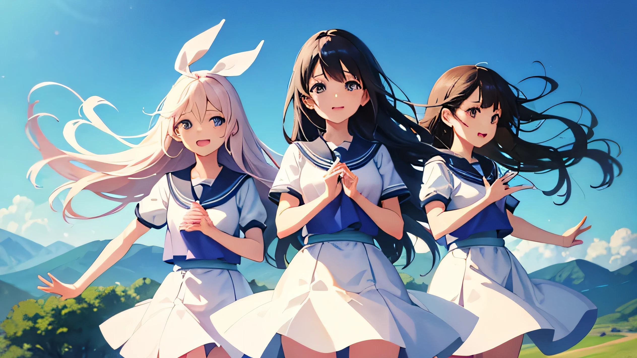 Create an anime illustration depicting a group of girls standing in a place where the wind is blowing. The girls' hair is flowing in the wind. The background should feature a blue sky with white clouds. The girls should be smiling, waving their hands, and singing joyfully while feeling the breeze.