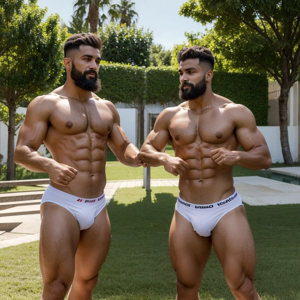 Hombres Gemelos fisicoculturistas entrenando con lenceria femenina. Los gemelos son muy guapos. La lenceria que usan es muy transparente. Los gemelos son hombres pelirrojos.