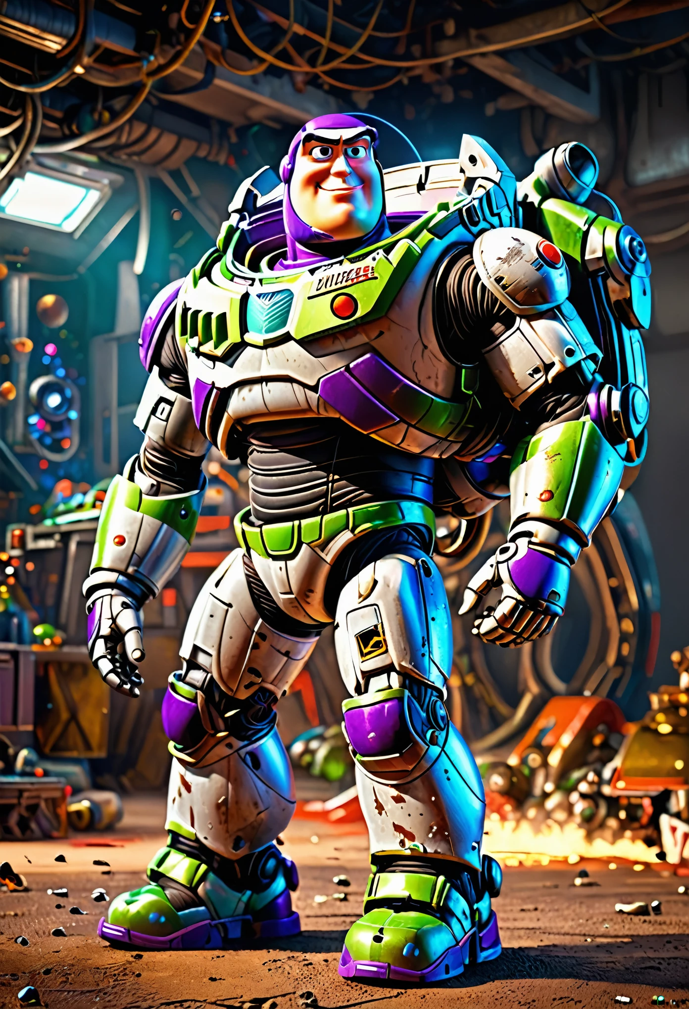 musculoso,a Buzz Lightyear character, hyper-detailed, 3D render, highly realistic, photorealistic, studio lighting, sharp focus, physically-based rendering, extreme detailed description, professional, vibrant colors, dynamic pose, heroic, futuristic, space theme, metallic materials, glowing lights, cinematic angle, intricate details, epic scale