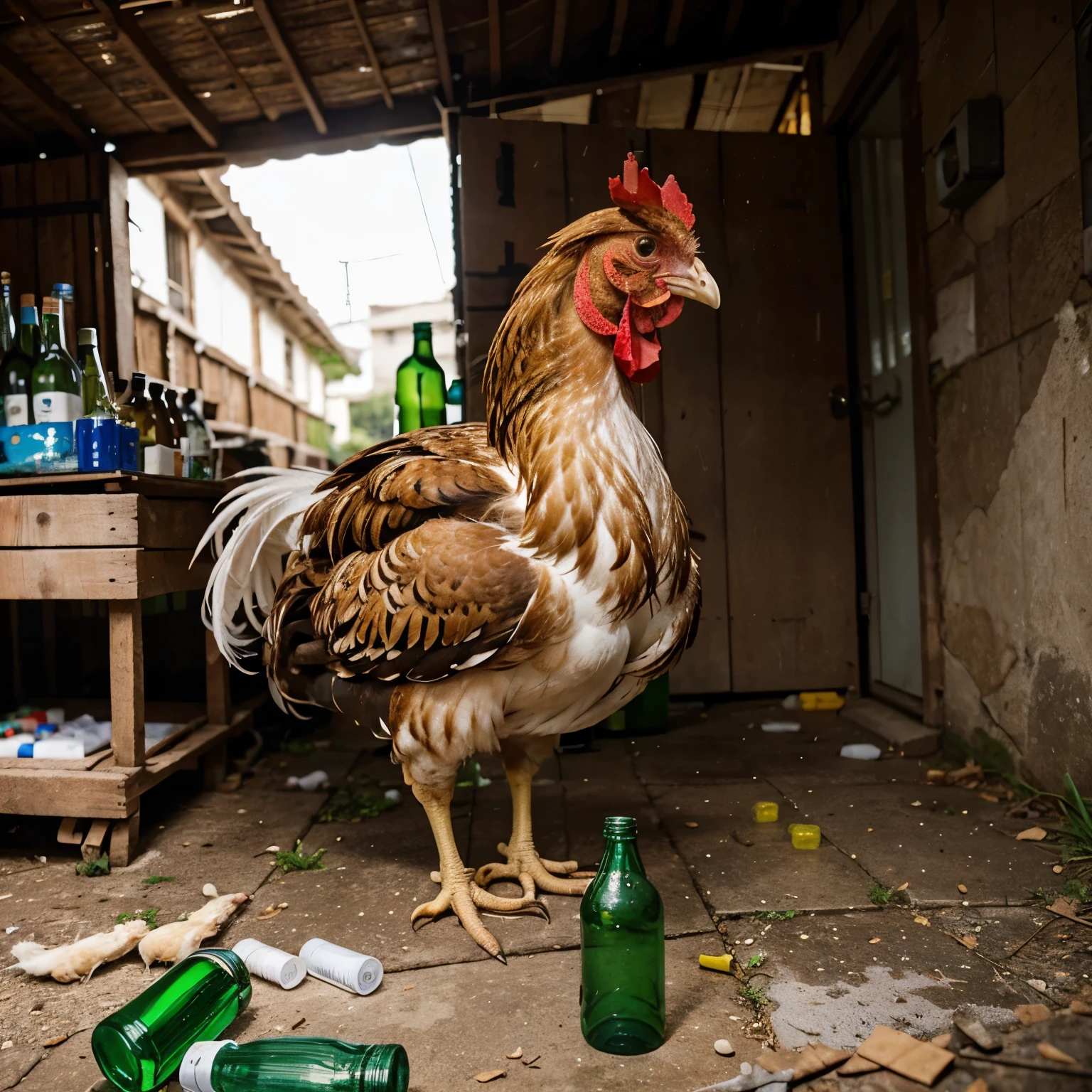 Photo of a chicken made of bottles