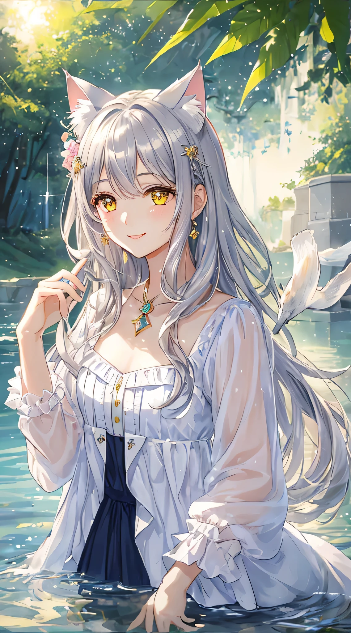 masterpiece,highest quality,Highly detailed face, water effects、Light effects、Feather Effect,Sparkling eyes,Highlighted eyes, Mid-chest,pretty girl,smile,Embarrassing,Cat ear,Beautiful silver hair,Pink inside,Beautiful yellow eyes,sunshine