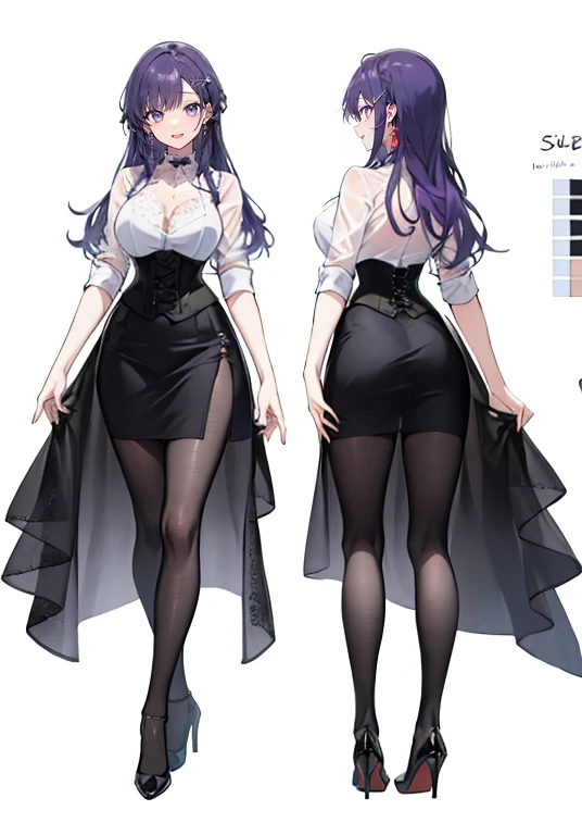 Purple hair,voluminous long hair,Adult female,(suit),See-through shirt,See-through tops,((Roll up your sleeves)),(Corset),(Tight skirt),(high heels),The heel is visible,((Simple background)),Smile,((Full body)),((whole body)),Character Sheet,