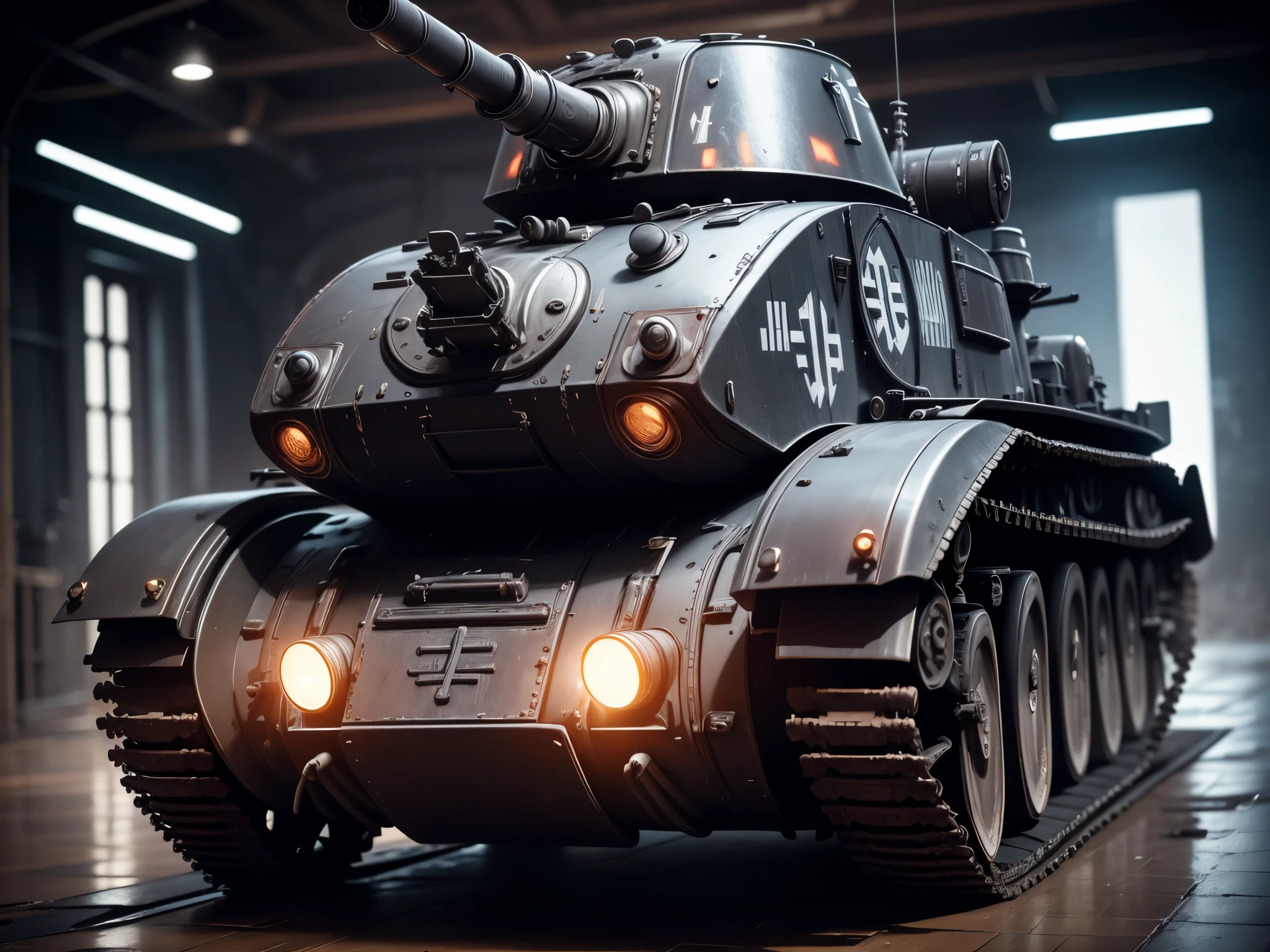 A large, legendary Nazi-Tank, Cyberpunk-Tank, Nazi-Symbols 卐 卍 etched into the Tank