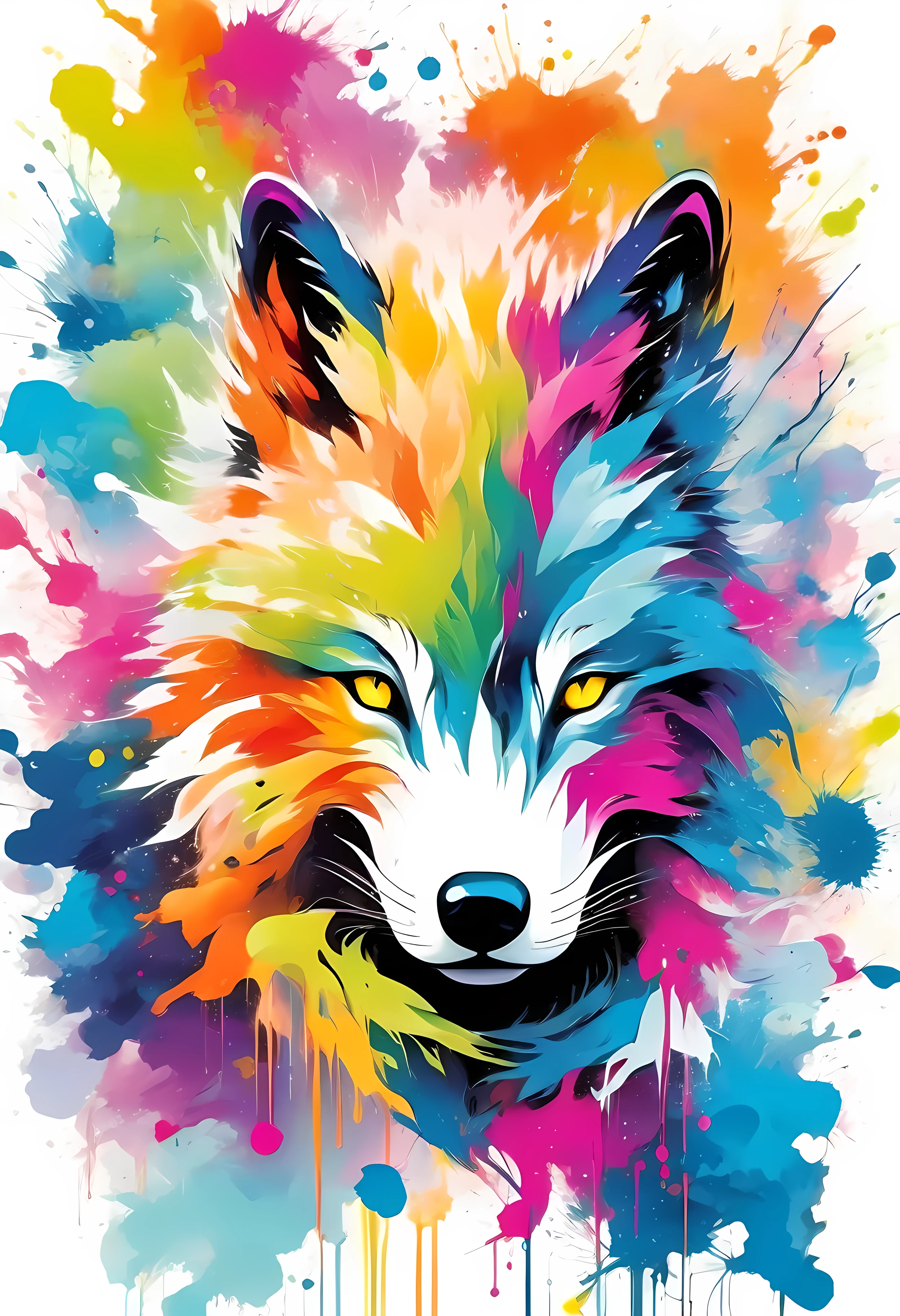 vector art, Color illustration with wolf head, In the center, Vibrant colors,graffiti art,ink splatter,Wild and unrestrained,splash ink painting,Abstract Art,Colorful,Vague dreams,dynamic energy,publish creation,visual impact,modern aesthetics,Elegant and simple,Contemporary interpretation,bold,White background,Lots of white space