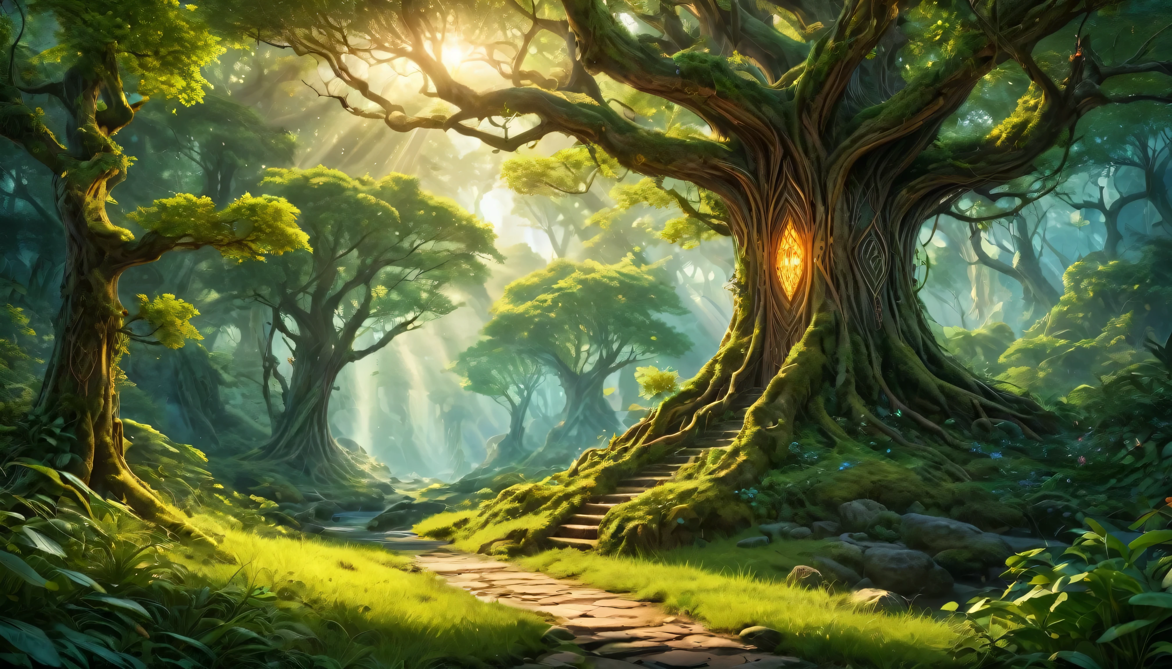 (anime, fantasy), (best quality, highres, depth of filed, HDR:1.2), (A majestic ancient elven forest, dense ancient tree, dense lush foliage), fantastical landscapes, vibrant colors, majestic, enchanted, elven runes, magical atmosphere, beautiful, extremely detailed, intricate, delicate, serene fantasy, light filtering through the trees, bokeh, cinematic lighting, 8k, high quality