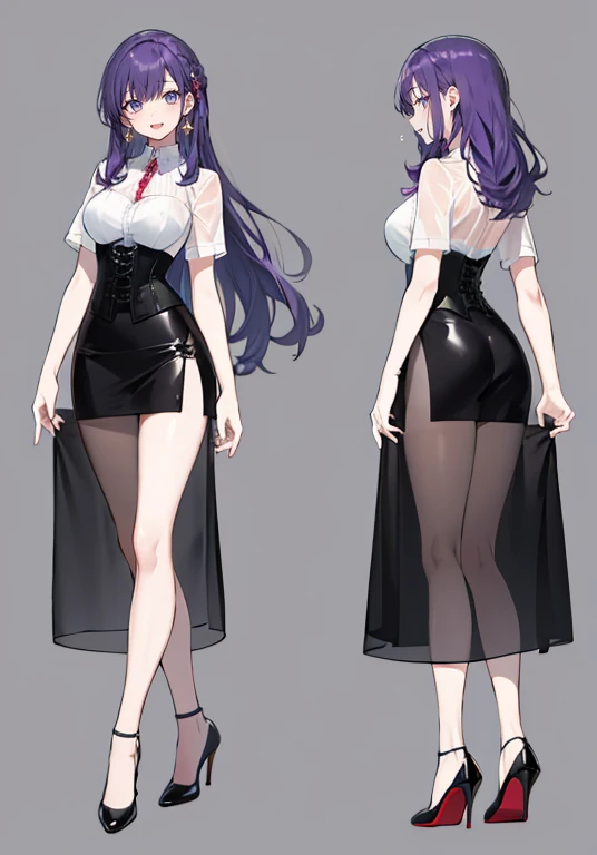 Purple hair,voluminous long hair,Adult female,(suit),See-through shirt,See-through tops,((Roll up your sleeves)),(Corset),(Tight skirt),(high heels),The heel is visible,((Simple background)),Smile,((Full body)),((whole body)),Character Sheet,