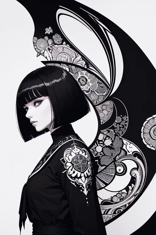 Beardsley style,ink art, pen and ink, (Best Quality,masutepiece:1.2),(black and white comic core:1.1),(extreme high contrast), SILHOUETTE, Dark ink, 1 beautiful girl, side view, Profile, school_uniform, bob_cut_hair, bangs, Very_beautiful_face, very_beautiful_eyes, even_eyes