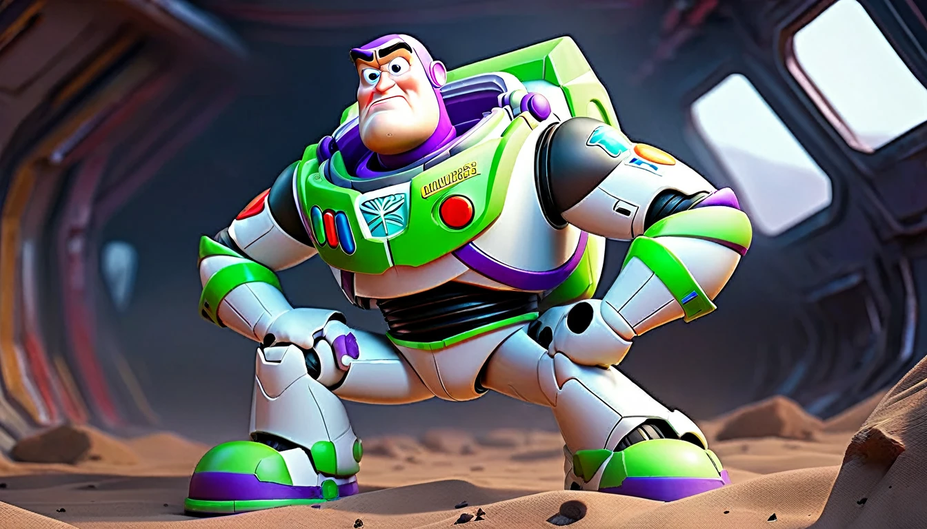 a rugged Sean Connery as Buzz Lightyear, searching a heavily damaged sci-fi spacecraft for survivors, the vessel shows signs of a bloody battle against alien invaders, gritty sci-fi horror atmosphere, full body portrait, highly detailed, hyperrealistic, cinematic lighting, dramatic shadows, muted color palette, moody, photorealistic