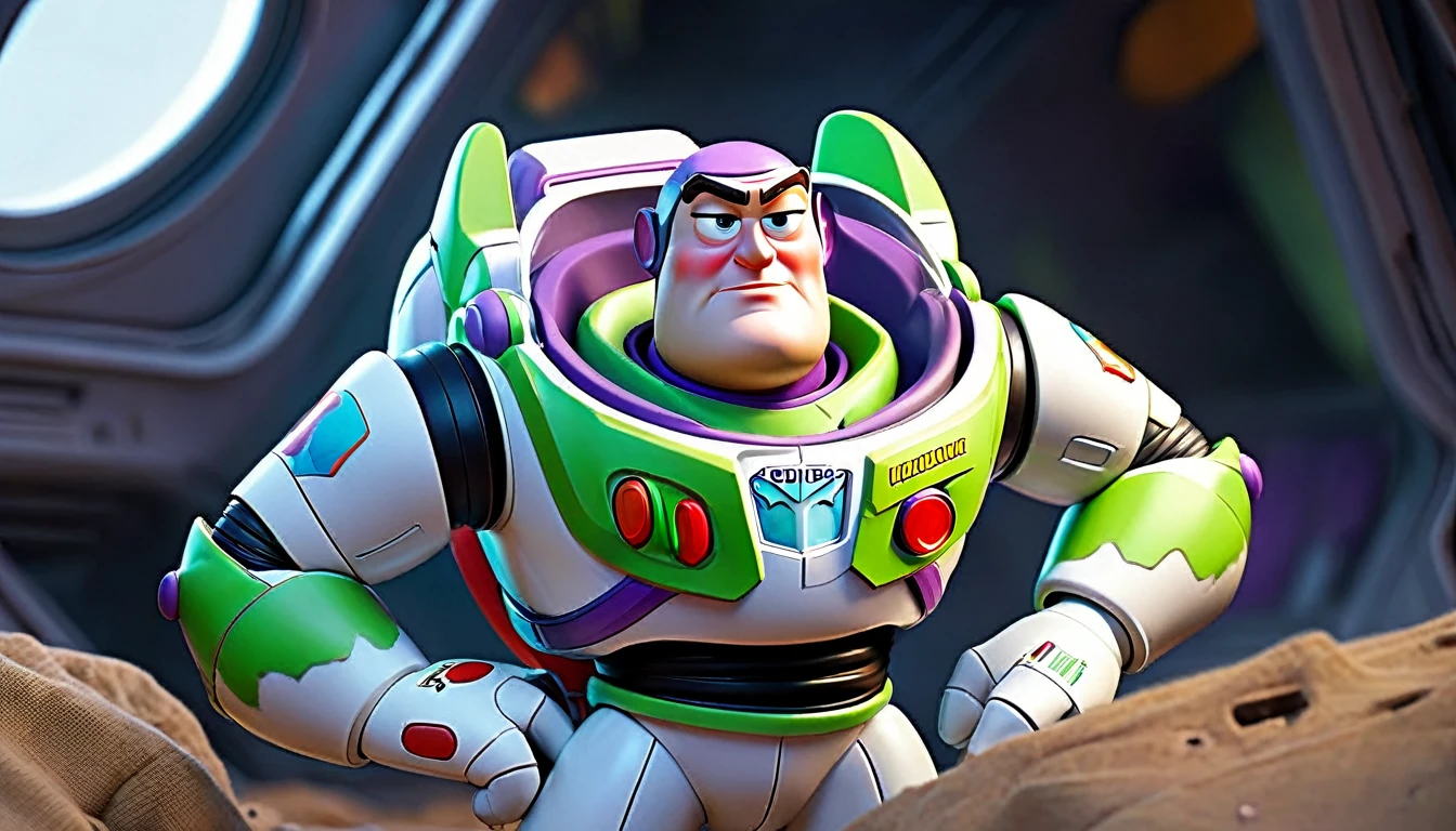 a rugged Sean Connery as Buzz Lightyear, searching a heavily damaged sci-fi spacecraft for survivors, the vessel shows signs of a bloody battle against alien invaders, gritty sci-fi horror atmosphere, full body portrait, highly detailed, hyperrealistic, cinematic lighting, dramatic shadows, muted color palette, moody, photorealistic
