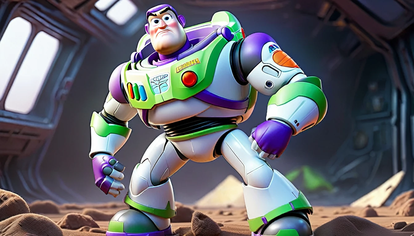 a rugged Sean Connery as Buzz Lightyear, searching a heavily damaged sci-fi spacecraft for survivors, the vessel shows signs of a bloody battle against alien invaders, gritty sci-fi horror atmosphere, full body portrait, highly detailed, hyperrealistic, cinematic lighting, dramatic shadows, muted color palette, moody, photorealistic