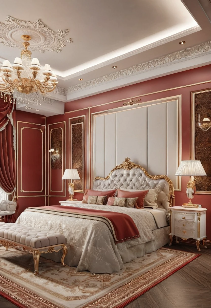 (professional 3d rendering:1.5), world's best artwork, ((full interior for luxury royal bedroom, light red tones)), unified rendering best 8k, very good light, extremely detailed, brilliant, photo-realistic, Realistic, Sharp focus, 8K , (Very detailed: 1.1), Sharp focus, (Studio Light Lighting), art station