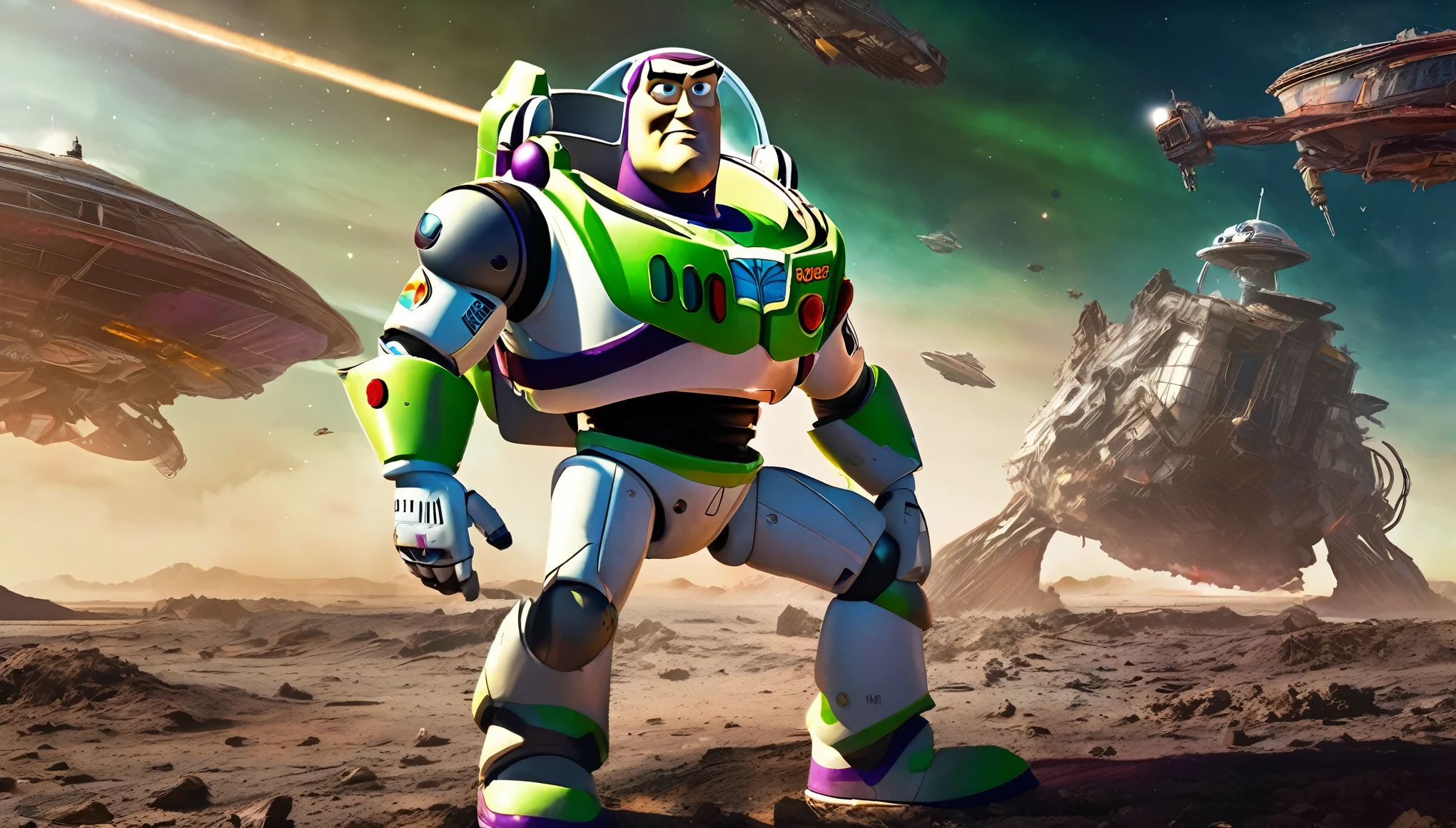 a rugged Sean Connery as Buzz Lightyear, searching a heavily damaged sci-fi spacecraft for survivors, the vessel shows signs of a bloody battle against alien invaders, gritty sci-fi horror atmosphere, full body portrait, highly detailed, hyperrealistic, cinematic lighting, dramatic shadows, muted color palette, moody, photorealistic
