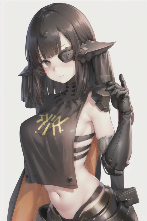 Original Character, Volumetric Lighting, Best Shadows, Shallow Depth of Field, (finely best quality illustration:1.1), (1girl, solo:1.1), (black short hair:1.1), (masterpiece, ultra high quality), (standing), (full body visible), (1girl), (solo), (female focus), (Singular, large horn), (monster girl), (Messy bob-cut with sharp bangs), ((bangs covering eyes)), (big eyebrows), (angry eyes), (long tailbone in rear) (Cute anime snake eyes), (limbless female body) Coral Snake Beastman, black eyes, orange scleras, Black hair, Furry, (1 girl), (angry eyes), (red black and yellow striped skin), (harness with mechanical limbs), (amputee body)