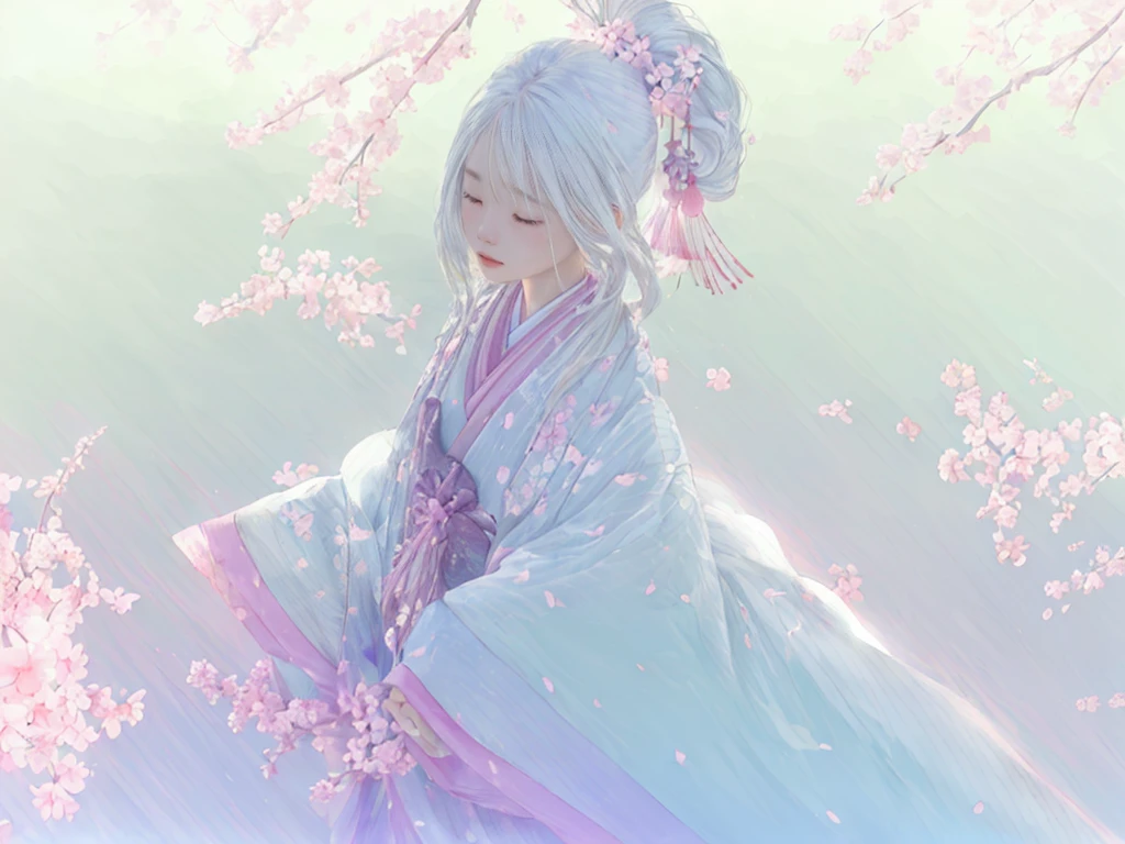 juunihitoe,Dreamy watercolor painting, whole body,((1Girl Girl )),Realistic,lips,Tabletop,highest quality,(((Smooth straight hair Long, beautiful, flowing white hair wealthy))),Beautiful round eyes,Skin Texture、Japanese Kimono、(band、pink:1.2)、detailed、The hem of the hakama is long、((Gazing into the distance)), pinkのコート,Dynamic configuration、Cherry blossoms fluttering in the air against a deep background,It was foggy, Bokeh, It was foggy, Dutch Angle, Afterimage, Minimalism,Movie-like scene, Cinema Lighting,Beautiful watercolor portrait, Abstract background