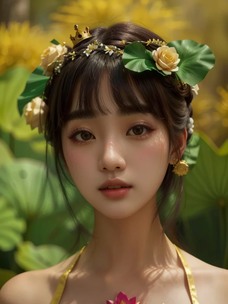 there is a girl with a crown of flowers on her head, jinyoung shin, por Torii Kiyomoto, jaeyeon nam, jinyoung espinilla arte, kwak ji joven, kim taejin, Seseon Yoon, lotus floral wreath girl, hermosa mujer surcoreana, aparcar desde-min, muchacha coreana, con flores, ella tiene una corona de flores secas