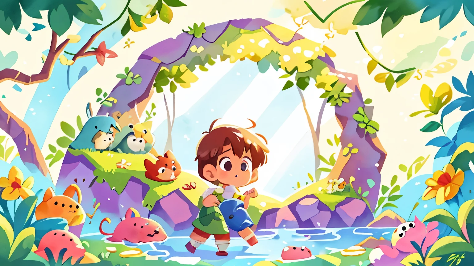 Create a watercolor illustration for a children's book depicting an isolated, super clean, and meticulously organized cave. The cave should be far away from any plants or dirt, emphasizing its pristine condition. Inside, the cave walls should be smooth and polished, with neatly arranged furniture and objects, a small,The floor should be immaculate, with no speck of dust.