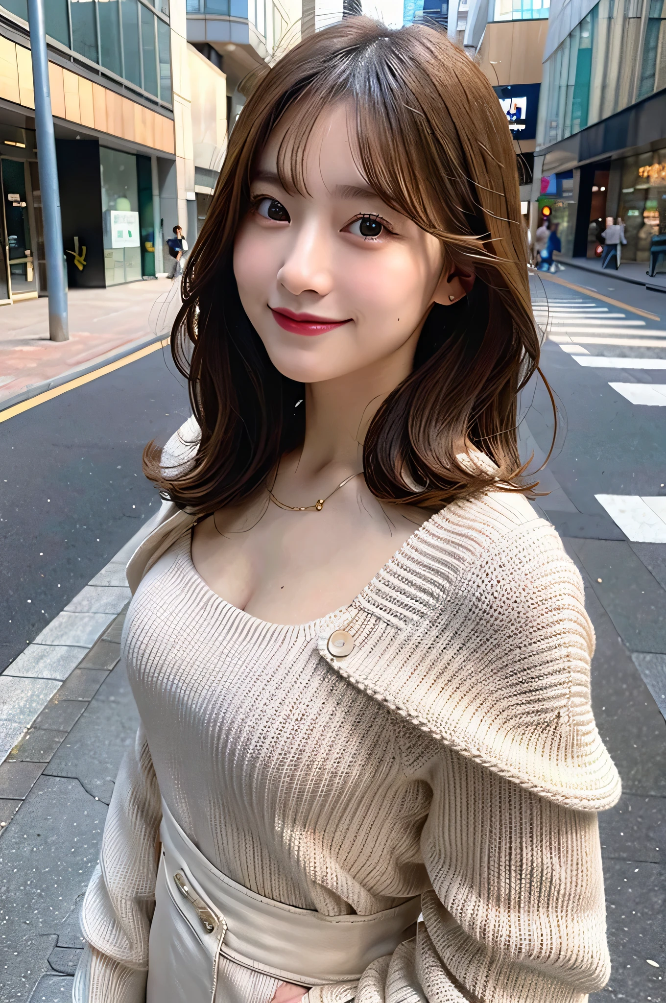 Tabletop, highest quality, figure, Super detailed, In detail, High resolution, 8k wallpaper, Perfect dynamic composition, Beautiful fine details, dress,Medium Hair, Center of chest, Natural color lip, Random sexy poses,smile,Aoyama Street Walk、20-year-old girl、huge 、Too much exposure、Knit tops、office lady