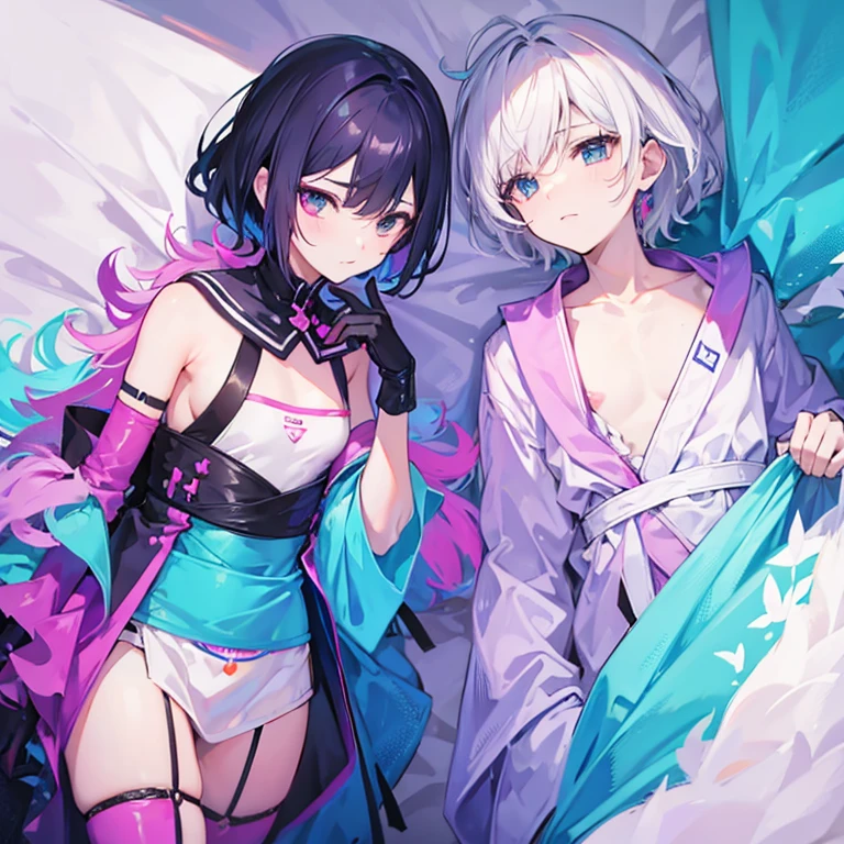 (1boy, 1girl), (cat ears:1.3), short hair, silver hair, white hair, purple eyes, masterpiece, pov, medium breast, absurdres, messy hair, cute smile, winking, blushing, nice hands, simple background, Japanese clothes, kimono, side-by-side, holding hands, floating heart, heart earrings, white hair, full-face blush, looking at each other, face-to-face, (bra and panty:1.3),(tightly embracing each other:1.3),simple background
