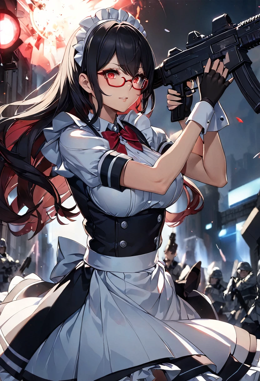 masterpiece、highest quality、Ultra-high resolution、Maximum resolution、Very detailed、Professional Lighting、anime、woman、thin、so beautiful、high school girl、Maid clothes、Has an assault rifle、Red Eye、Black Hair、long hair、Fingerless gloves、Red glasses、Alone on the battlefield、Holding a gun in a bold pose、shooting、