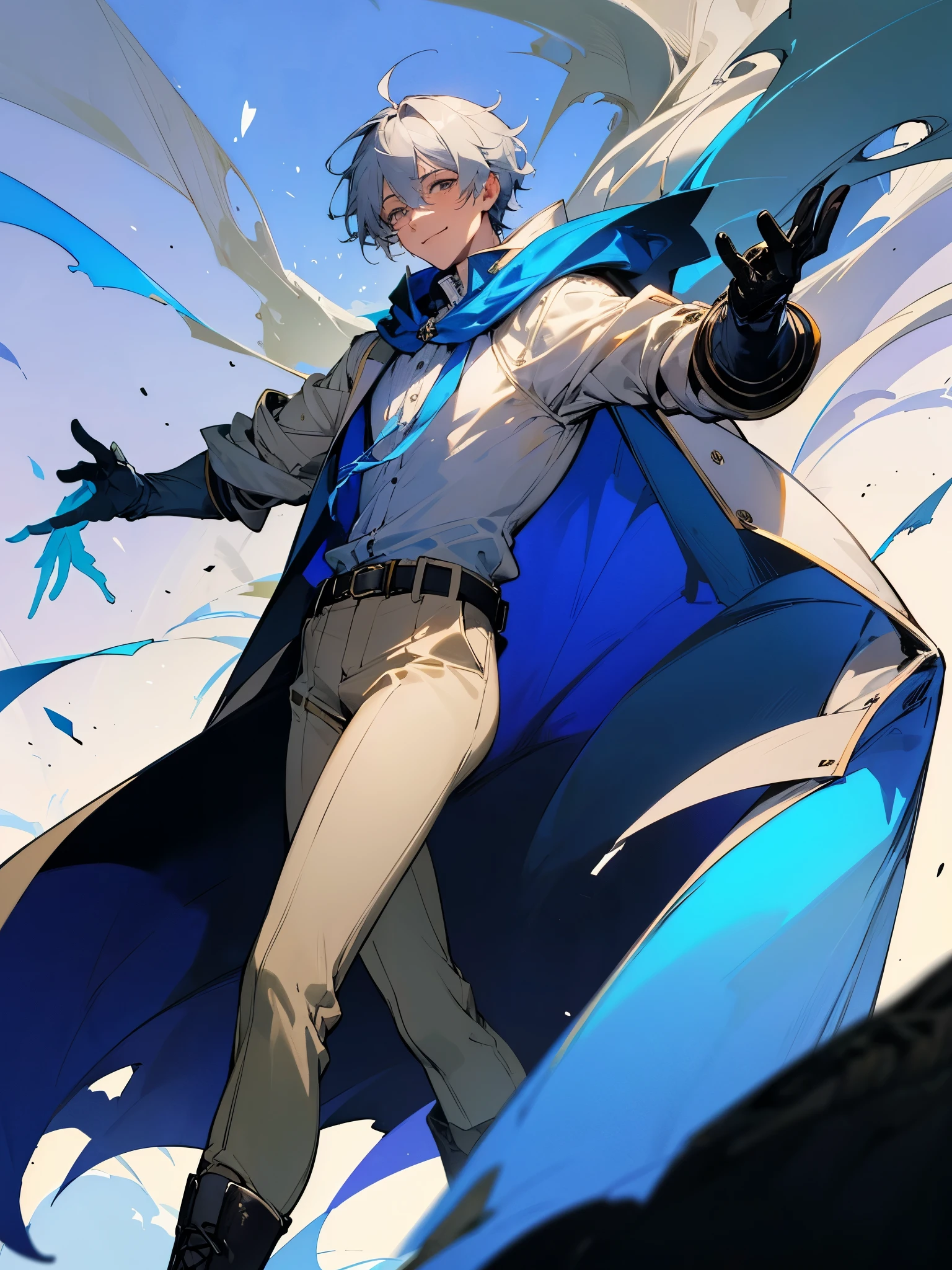 Man in his 25s with gray hair, gray eyes. Wearing a white hooded cape, dressed in a blue button shirt, beige pants and blue gloves. He also wears a belt and boots. Pose masculina. Sonriente. Fondo con humo colorido. Humo magico. Color psicodelico