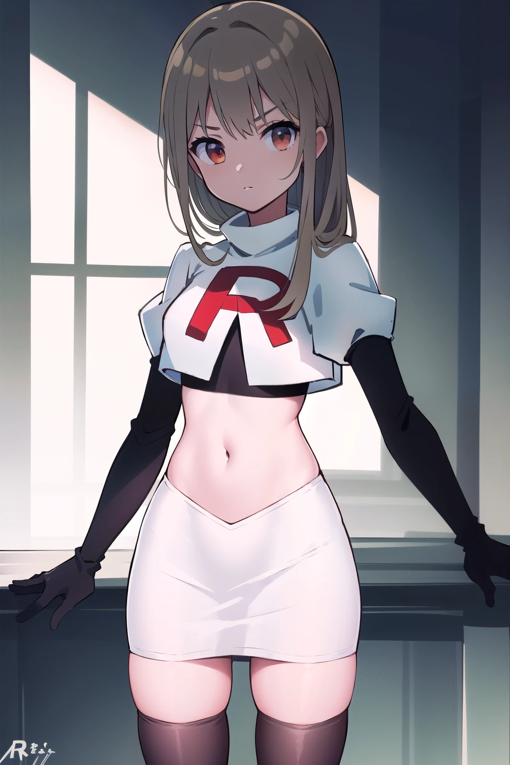 (((masterpiece))),highly detailed, ((best quality)) (highres), aki_rinco, (1girl), solo, brown_hair, eyebrows_visible_through_hair, grey_hair, looking_at_viewer, team rocket,team rocket uniform,white skirt,red letter R,crop top,black thigh-highs,black elbow gloves