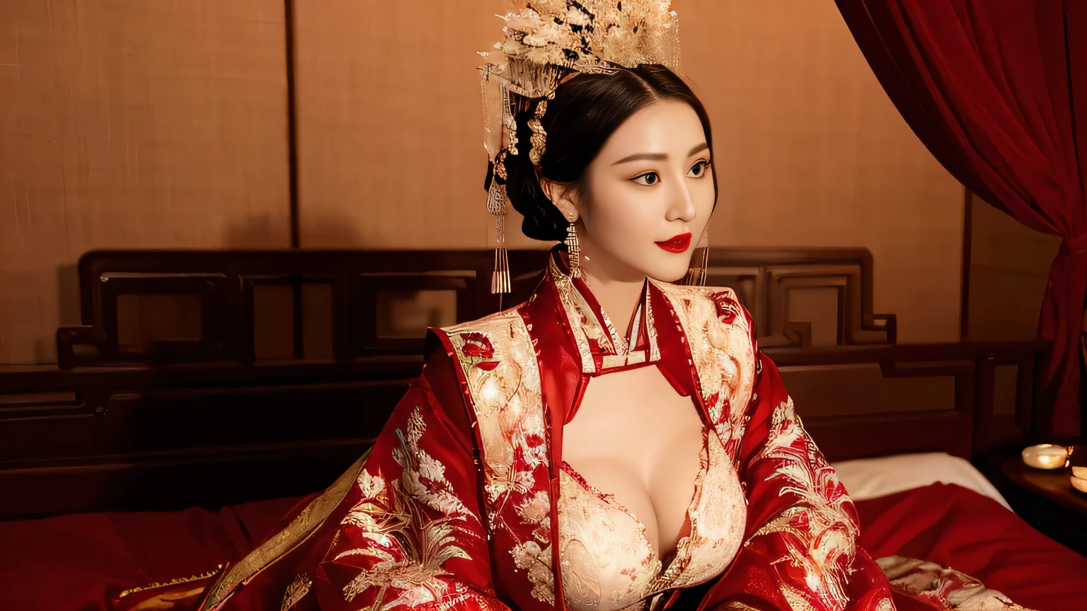 (Hyper-realistic 8K CG: 1.2), Perfect work of art, Exquisite patterns, Intricate details, (An unrivalled masterpiece, best quality: 1.2), (Extremely complex: 1.2), woman in red and gold dress, ((dark brown hair, Big tits:1.2 )), (Low-cut，Deep V),Phoenix Coronet, hair stick, (躺On the red bed: 1.3), cosmetic, blush, Shy, (Smile),Black_hair, Look up, cosmetics, (Lace，silk), (chiffon:1.5), (Faint areola:1.5),，Chinese_clothing, ((Red loose comfortable clothing:1.4)),(Large Breasts),D cup ，curtain, earrings, hair_decorate,Hanfu, Internal, Jewelry, Red nails, long_sleeve, （On the red bed，Red pillow:1.6） ，（minuscule underwear:1.5），Red Dress, red lips, tassel, (Red pillow,Red quilt), (Red Hi Word: 1.2), (ancient Chinese architecture),, night,（wedding），（Marriage room），Chinese style marriage room，（Phoenix Coronet:1.5）,（bridal chamber），(A soothing look:1.5),