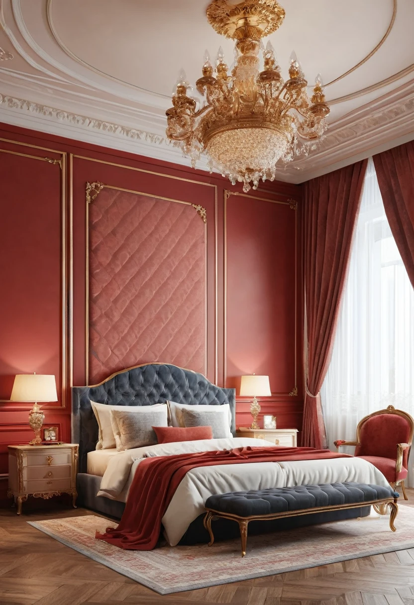 (professional 3d rendering:1.5), world's best artwork, ((full interior for luxury royal bedroom, light red tones)), unified rendering best 8k, very good light, extremely detailed, brilliant, photo-realistic, Realistic, Sharp focus, 8K , (Very detailed: 1.1), Sharp focus, (Studio Light Lighting), art station