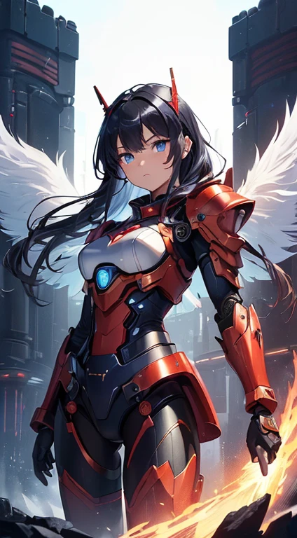 最high quality、Best image quality、masterpiece、With a girl((red and blue mechanical body armor、red mechanic arm、purple leg arms、Shining gold body line、16 years old、Ten generations、cute、Best Bust、Large bast,Beautiful light blue eyes、Spread your chest wide, silver flight unit,Black Hair Semi-Long、Slender,Big Valley、Militant Movement,glowing whip、)),high quality、Beautiful art、background((Midnight City、Pillar of Fire、Fluttering white feathers)))、depth((Black Giant Robot)),Tabletop、Depth of written boundary,Cinematic style