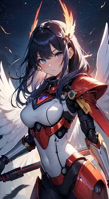 angelic robot girl with four wings, mechanical halo over head, black hair, red eyes, pointing large arm cannon at viewer, anime, masterpiece, HD, 8k