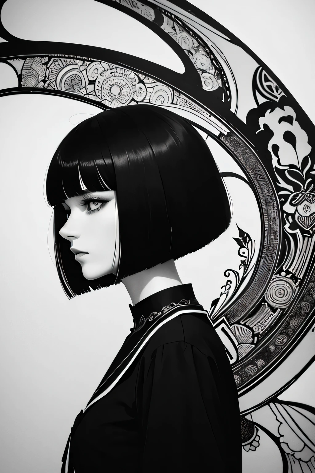 Beardsley style,ink art, pen and ink, (Best Quality,masutepiece:1.2),(black and white comic core:1.1),(extreme high contrast), SILHOUETTE, Dark ink, 1 beautiful girl, side view, Profile, school_uniform, bob_cut_hair, bangs, Very_beautiful_face, very_beautiful_eyes, even_eyes