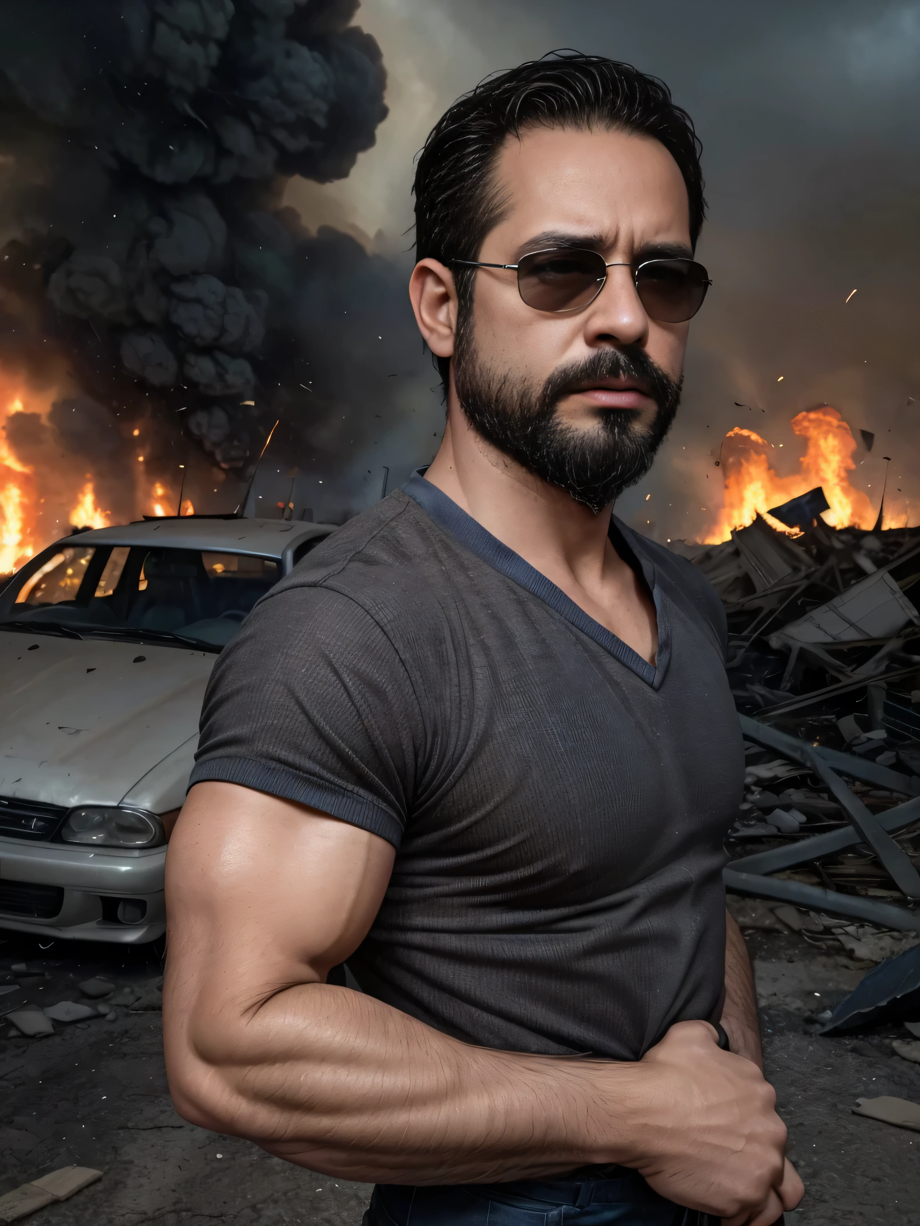 A hyper-realistic image of a 38-year-old man with a masculine appearance and wearing dark sunglasses. He is shown from the waist up in a detailed close-up, with a highly textured face. The man is in a shocking natural disaster scenario. The background features dramatic elements such as a raging wildfire, collapsing buildings from an earthquake, or a powerful hurricane with debris flying around. His clothing and the exact disaster scene are random but should convey urgency and intensity.