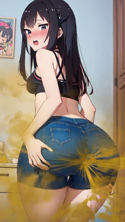 2 Asian girls, both farting side by side, desperate to poop, in bedroom, farting while masturbating, stomach growling, wearing, stomach bloated, hangs covering butt, pained expression, shocked and embarrassed, mouth open in shock, blushing, beautiful and cute face, anime art style, fit body, tall and thin, view from front