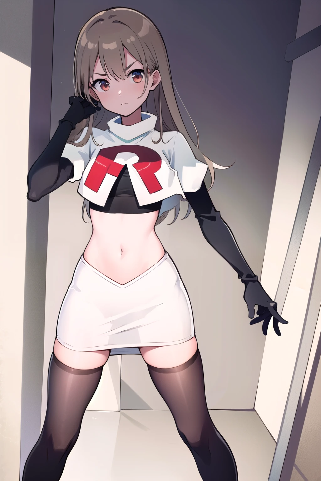(((masterpiece))),highly detailed, ((best quality)) (highres), aki_rinco, (1girl), solo, brown_hair, eyebrows_visible_through_hair, grey_hair, looking_at_viewer, team rocket,team rocket uniform,white skirt,red letter R,crop top,black thigh-highs,black elbow gloves