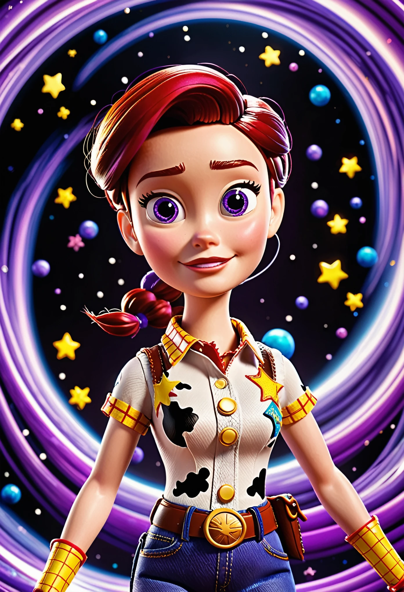 best quality, super fine, 16k, delicate and dynamic, Toy Story Jessie, cute, super deformed, background black and purple swirling black hole, galaxy, motion blur, action blur, various image effects