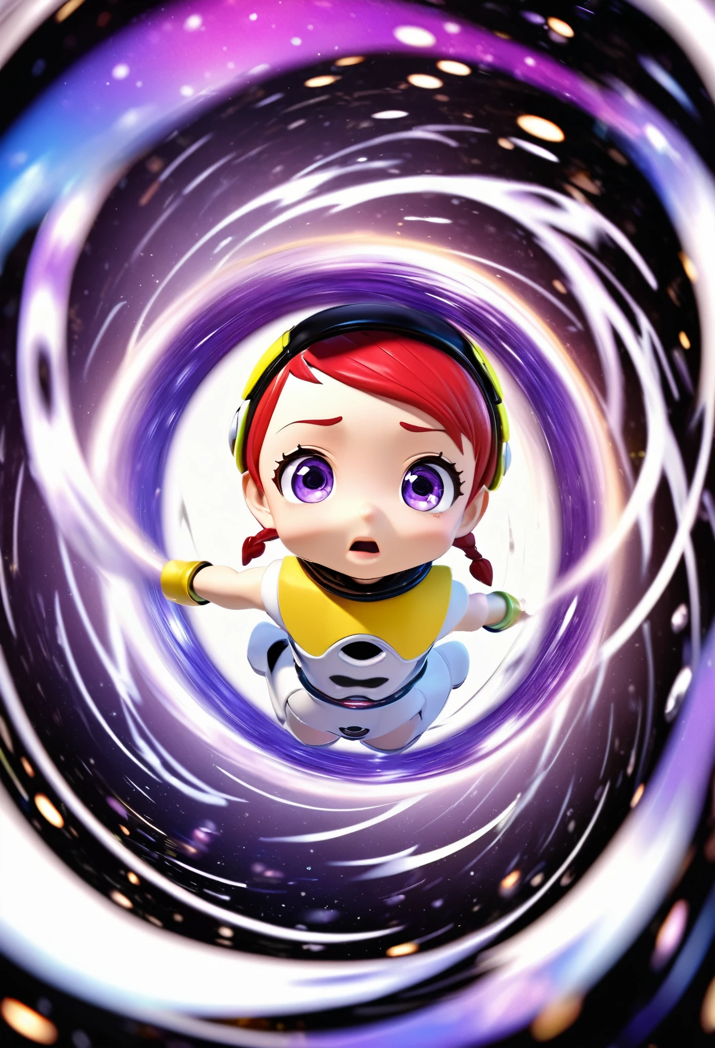 best quality, super fine, 16k, delicate and dynamic, Toy Story Jessie, cute, super deformed, background black and purple swirling black hole, galaxy, motion blur, action blur, various image effects