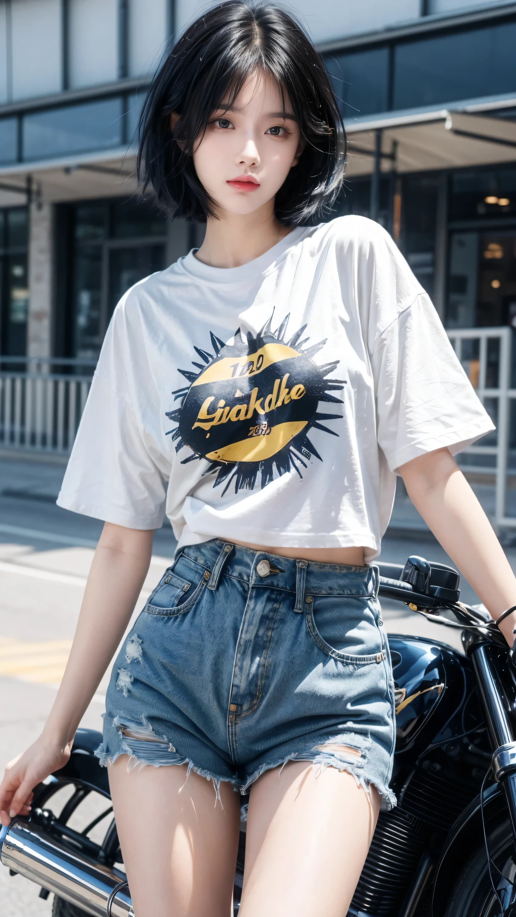 best quality, 1 Girl, Dark blue hair, black eyes, Very short hair, Spiky hair, oversize t-shirt, High waist short jeans, 171 cm, Messy hair, Hair between the eyes, Medium breasts, full, Tomboy, aldult, 20 years old, 1 Girl near yellow motorcycle