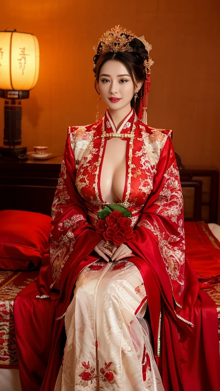 (Hyper-realistic 8K CG: 1.2), Perfect work of art, Exquisite patterns, Intricate details, (An unrivalled masterpiece, best quality: 1.2), (Extremely complex: 1.2), woman in red and gold dress, ((dark brown hair, Big tits:1.2 )), (Low-cut,Deep V),Phoenix Coronet, hair stick, (躺On the red bed: 1.3), cosmetic, blush, Shy, (Smile),Black_hair, Look up, cosmetics, (Lace,silk), (chiffon:1.5), (Faint areola:1.5),,Chinese_clothing, ((Red loose comfortable clothing:1.4)),(Large Breasts),D cup ,curtain, earrings, hair_decorate,Hanfu, Internal, Jewelry, Red nails, long_sleeve, (On the red bed,Red pillow:1.6) ,(minuscule underwear:1.5),Red Dress, red lips, tassel, (Red pillow,Red quilt), (Red Hi Word: 1.2), (ancient Chinese architecture),, night,(Chinese婚礼),(Marriage room),中式Marriage room,(Phoenix Coronet霞帔:1.5),(bridal chamber),(A soothing look:1.5),