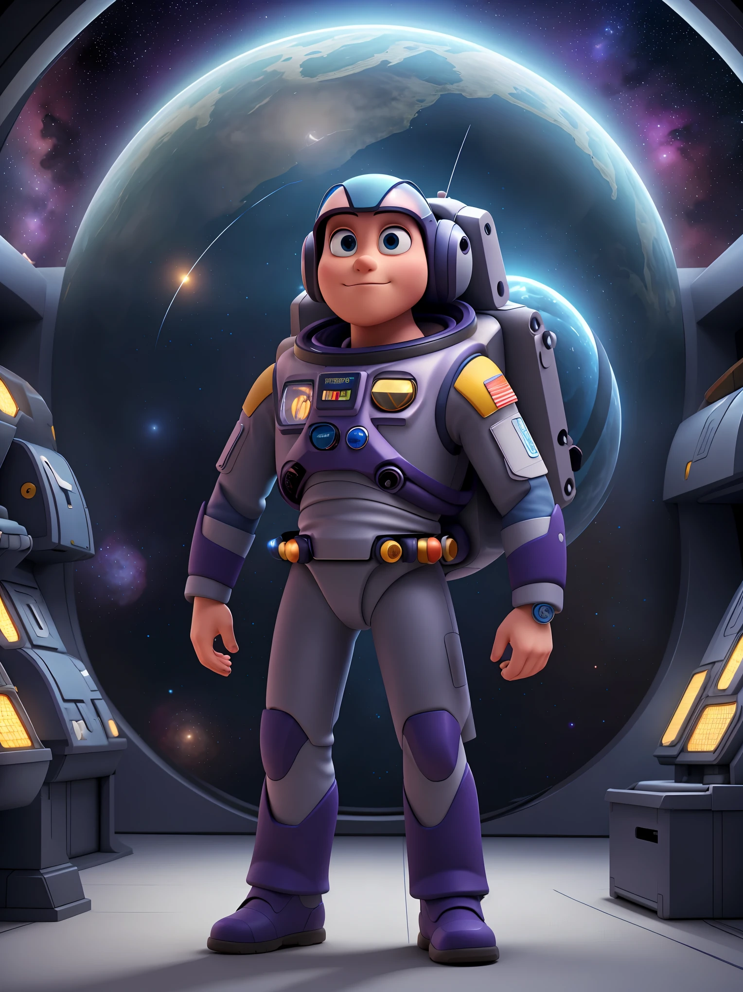 Buzz Lightyear in astronaut suit, detailed helmet, space background, sci-fi vibe, best quality, high detail, ultra-detailed, realistic, studio lighting, vivid colors, HDR, space exploration, futuristic, action pose, dynamic lighting, astronaut gear, futuristic technology, interstellar, sci-fi adventure, spaceship interior, galaxy view, starry sky, reflective visor, intense colors, futuristic design, hero stance
