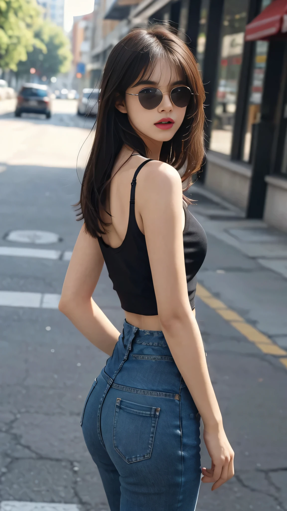 masterpiece, top-quality, 1 beautiful girl, ((Wearing dark black sunglasses )), (Detailed beautiful eyes), ((Detailed skin)) , ((Detailed medium hair)), A beautiful girl jeans tank top jeans and oversize hight waist short jeans, photo RAW, Camera angle behind, CG rendering, Blurred background, deep shadow, 16K, bokered, Very detailed, wallpaper, depth of field, movie light,, Ray tracing.