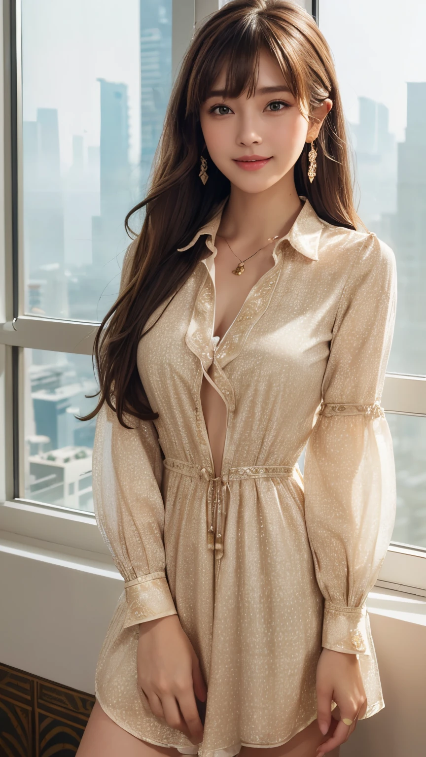 (Very delicate and beautiful: 1.2), 1 girl, robber girl, Bangs, Lovely eyes,brown hair, mouth closed, landscape, Hair between the eyes, Long sleeve, looking at the audience, Medium Length Hair, Solitary, Upper Body, Short school : 1.3, ((Solitary)), (masterpiece), Blonde、Various action poses、Smile、mini skirt、mini shirt、、loose inward wavy hair,Golden necklace_Big earrings,Extra-long brown hair、((The skyscrapers outside the window appear hazy:1.4))((Exquisite Pattern Shirt Mini Dress:1.5)),((羞涩的Smile:1.3)),