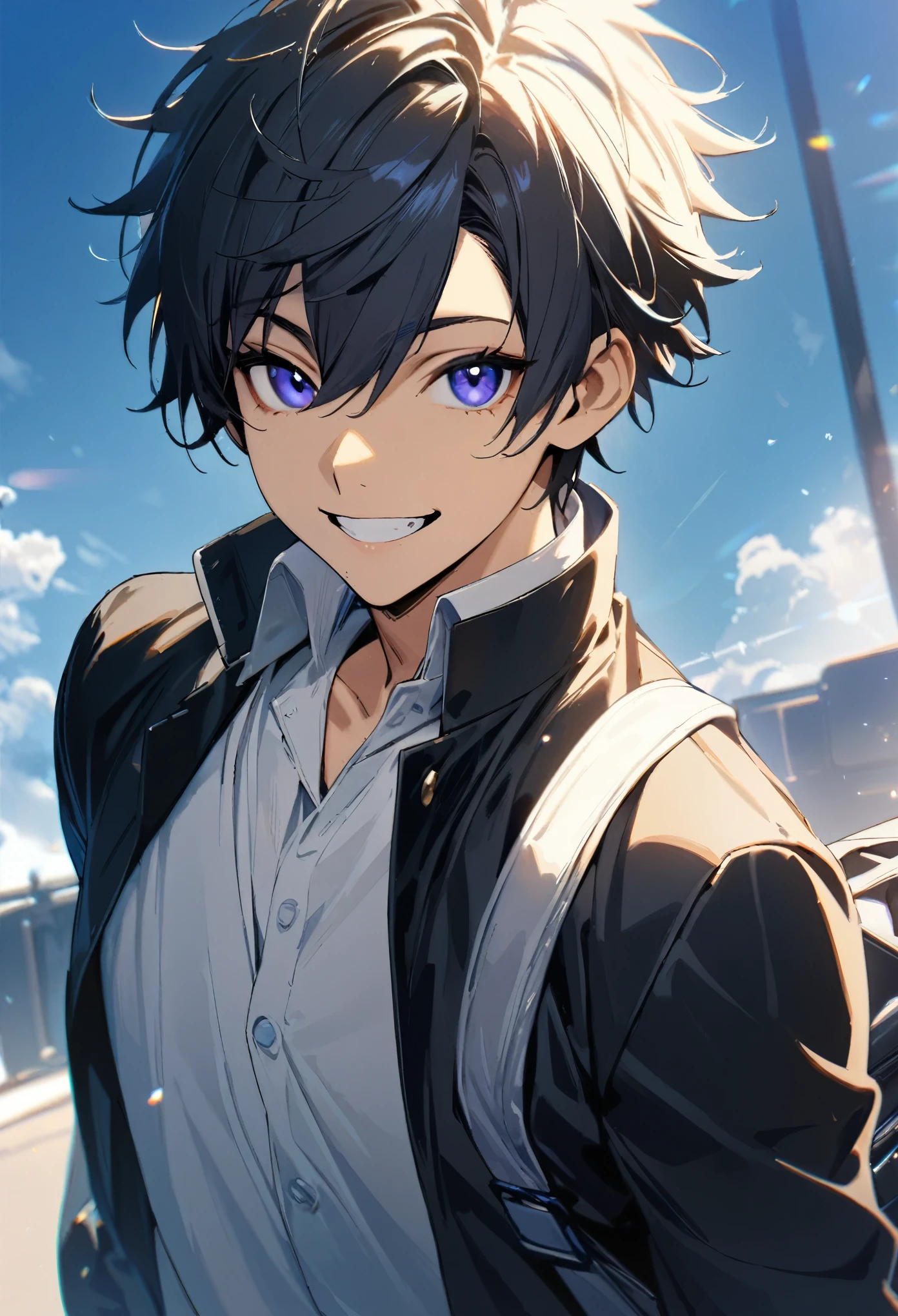 1boy,,smile,gakuran,Black collared jacket,open,(gold buttons:0.4),(white open collared shirt),Soft Light,blue sky,School Bags,detailed skin,masterpiece,best quality,Top Quality,High quality