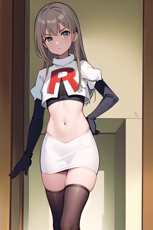 (((masterpiece))),highly detailed, ((best quality)) (highres), aki_rinco, (1girl), solo, brown_hair, eyebrows_visible_through_hair, grey_hair, looking_at_viewer, team rocket,team rocket uniform,white skirt,red letter R,crop top,black thigh-highs,black elbow gloves