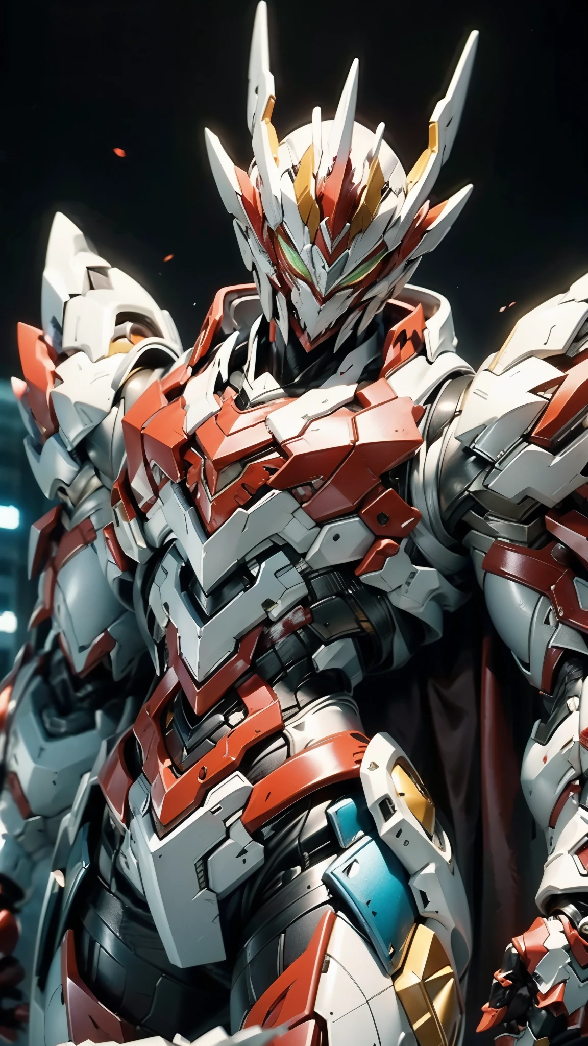 A man wearing a full-face helmet, a fantasy-style biotech armored combat suit, green eyes, (a composite layered chest armor), fully enclosed shoulder guards, matching arm and leg guards, the belt is adorned with fangs biting into gemstone, (the color scheme is primarily blue with black and red accents), the design balances heavy with agility, a high-tech bio-mecha armor, (Armor Concept Inspired by Vampire, the huge cape fluttering in the wind, stand on the top of a skyscraper in a futuristic sci-fi city), this character embodies a finely crafted fantasy-surreal style armored hero in anime style, exquisite and mature manga art style, (battle damage, element, blood, plasma, energy, the armor glows), ((male:1.5)), metallic, real texture material, dramatic, high definition, best quality, highres, ultra-detailed, ultra-fine painting, extremely delicate, professional, perfect body proportions, golden ratio, anatomically correct, symmetrical face, extremely detailed eyes and face, high quality eyes, creativity, RAW photo, UHD, 32k, Natural light, cinematic lighting, masterpiece-anatomy-perfect, masterpiece:1.5