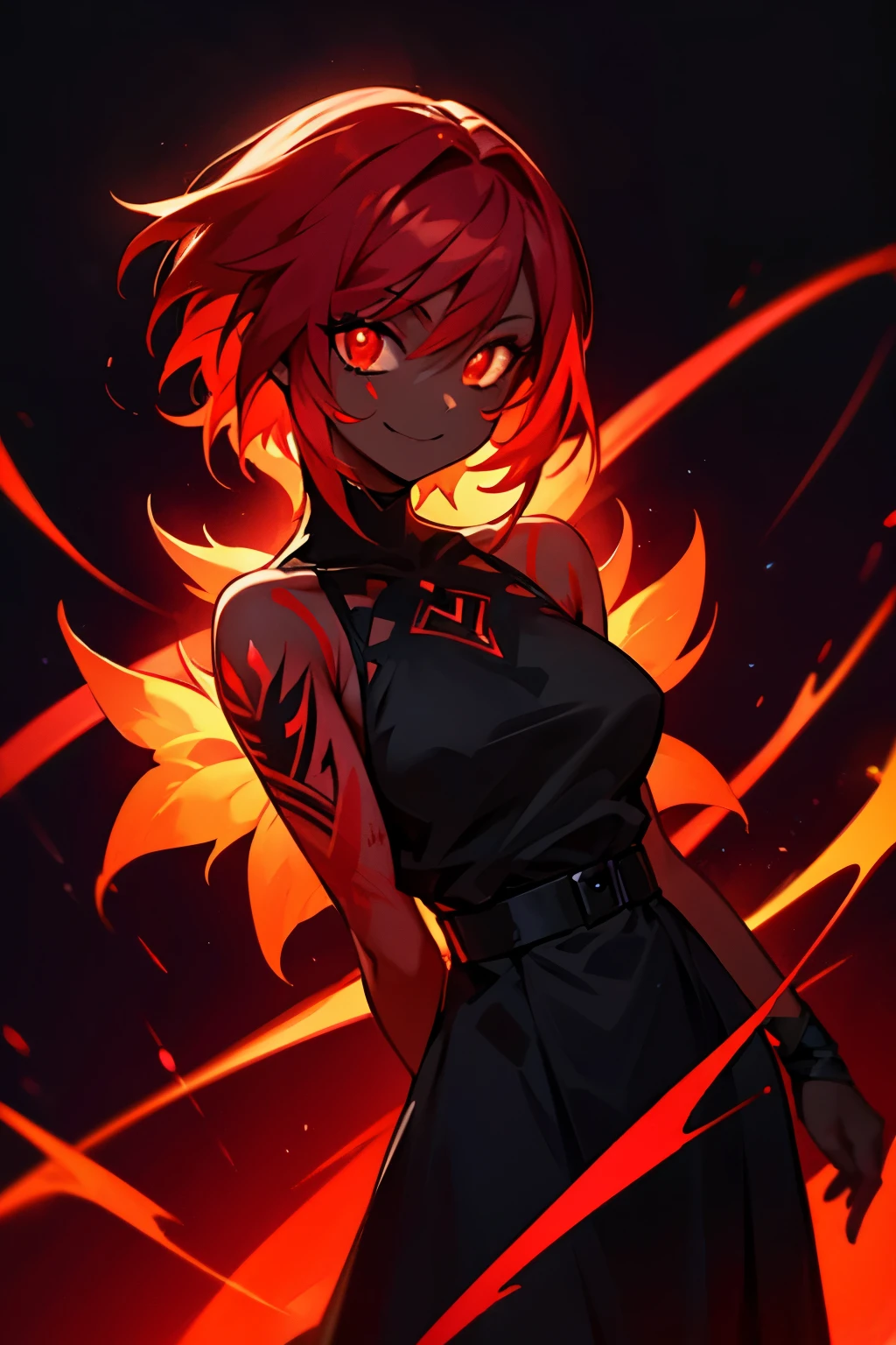 black skin, anime woman, happy, glowing red eyes, glowing red tattoos, short glowing red hair, wearing a black dress