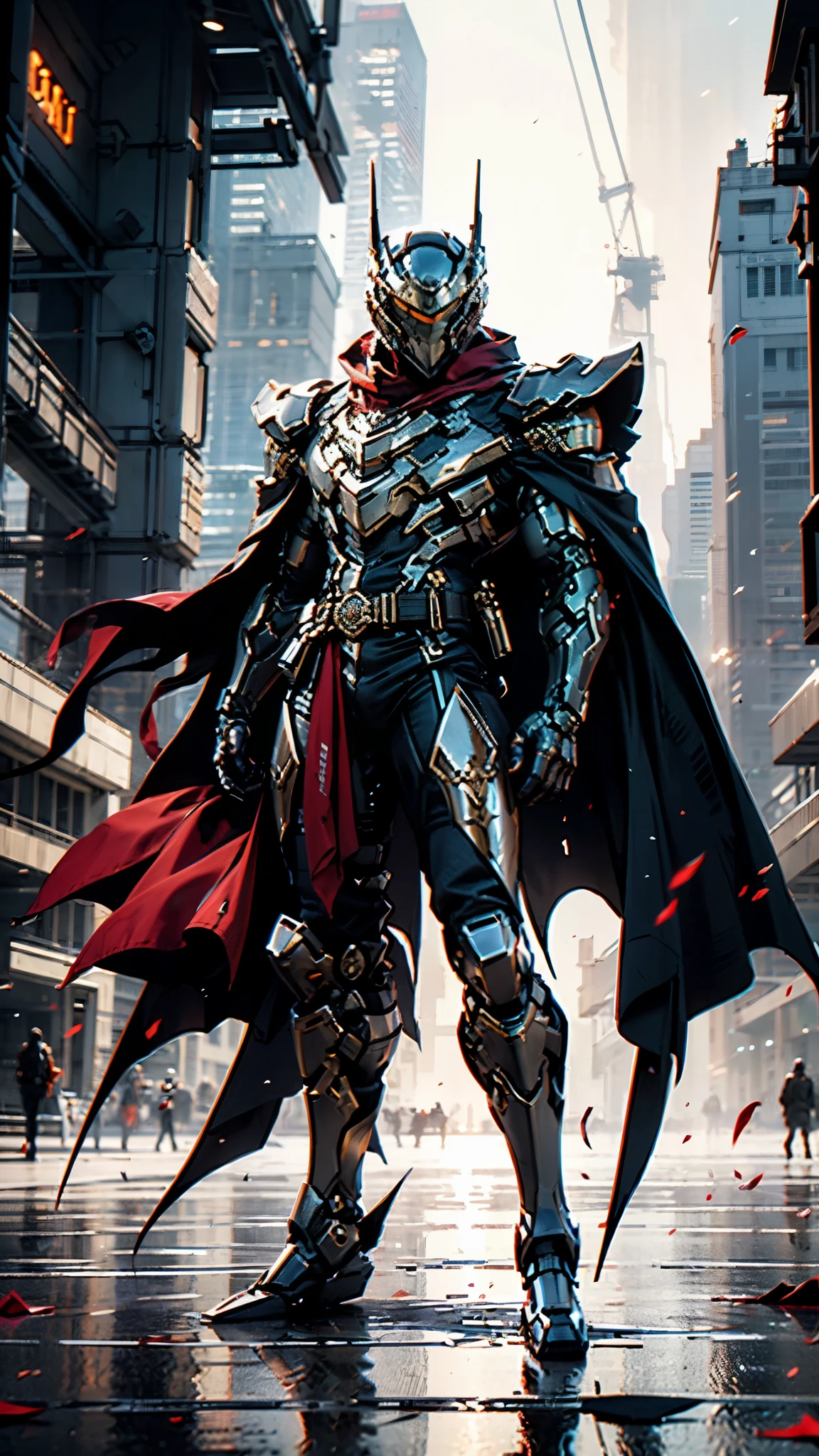 A man wearing a full-face helmet, a fantasy-style biotech armored combat suit, green eyes, (a composite layered chest armor), fully enclosed shoulder guards, matching arm and leg guards, the belt is adorned with fangs biting into gemstone, (the color scheme is primarily blue with black and red accents), the design balances heavy with agility, a high-tech bio-mecha armor, (Armor Concept Inspired by Vampire, the huge cape fluttering in the wind, stand on the top of a skyscraper in a futuristic sci-fi city), this character embodies a finely crafted fantasy-surreal style armored hero in anime style, exquisite and mature manga art style, (battle damage, element, blood, plasma, energy, the armor glows), ((male:1.5)), metallic, real texture material, dramatic, high definition, best quality, highres, ultra-detailed, ultra-fine painting, extremely delicate, professional, perfect body proportions, golden ratio, anatomically correct, symmetrical face, extremely detailed eyes and face, high quality eyes, creativity, RAW photo, UHD, 32k, Natural light, cinematic lighting, masterpiece-anatomy-perfect, masterpiece:1.5