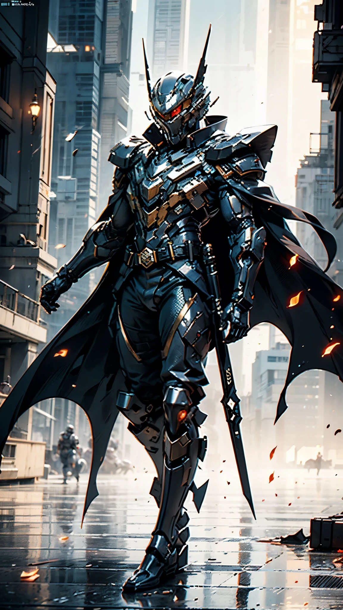 A man wearing a full-face helmet, a fantasy-style biotech armored combat suit, green eyes, (a composite layered chest armor), fully enclosed shoulder guards, matching arm and leg guards, the belt is adorned with fangs biting into gemstone, (the color scheme is primarily blue with black and red accents), the design balances heavy with agility, a high-tech bio-mecha armor, (Armor Concept Inspired by Vampire, the huge cape fluttering in the wind, stand on the top of a skyscraper in a futuristic sci-fi city), this character embodies a finely crafted fantasy-surreal style armored hero in anime style, exquisite and mature manga art style, (battle damage, element, blood, plasma, energy, the armor glows), ((male:1.5)), metallic, real texture material, dramatic, high definition, best quality, highres, ultra-detailed, ultra-fine painting, extremely delicate, professional, perfect body proportions, golden ratio, anatomically correct, symmetrical face, extremely detailed eyes and face, high quality eyes, creativity, RAW photo, UHD, 32k, Natural light, cinematic lighting, masterpiece-anatomy-perfect, masterpiece:1.5